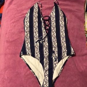 new with tags!!! blue and white printed-one piece